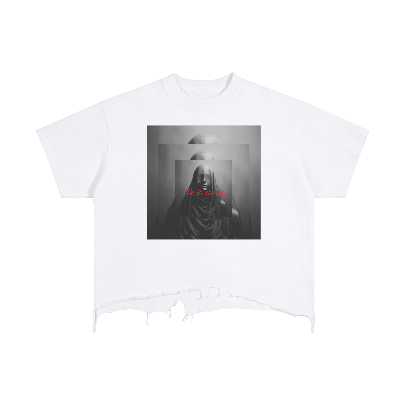 HE is Coming Boxy Distressed Hem T-Shirt | Christian Graphic Streetwear Tee