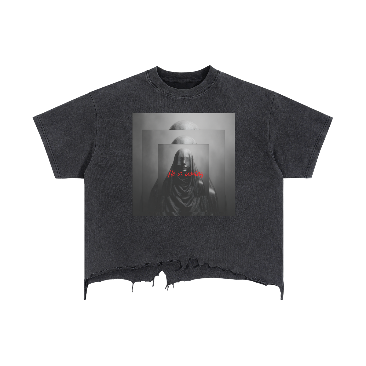 HE is Coming Boxy Distressed Hem T-Shirt | Christian Graphic Streetwear Tee